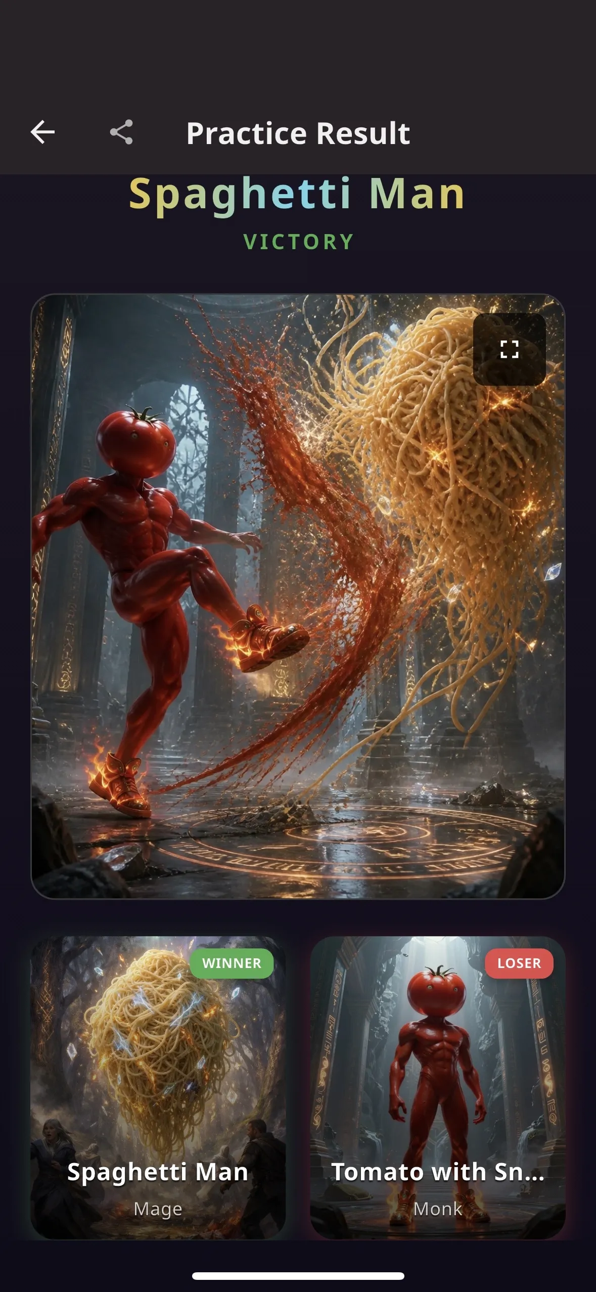 Taleborn’s battle results generated by AI showing Spaghetti Man in a matchup with Tomato Monk.